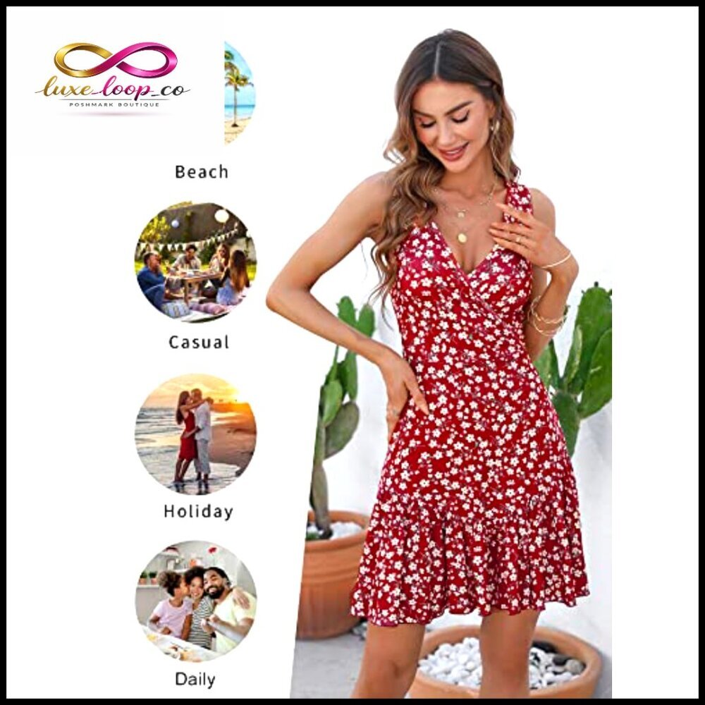 Sleeveless Wrap V-Neck Mini Dress, Floral Print, Polyester Spandex, Summer - Picture 6 of 7